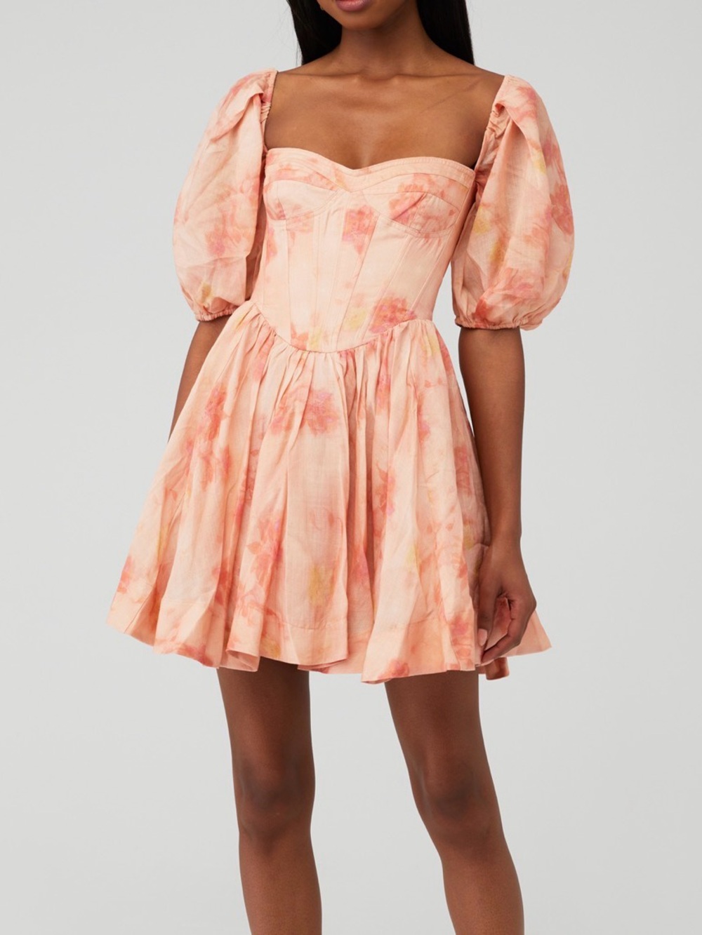 Bardot Kiah Corset Mini Dress Pink Floral Puff Sleeve Cottagecore M